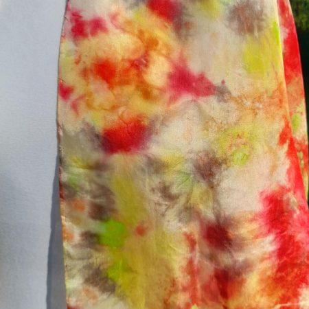 Beautiful Hand Dyed Pure Silk Scarf in vivid Yellow, Reds and a touch of Green. 'Sunburst'