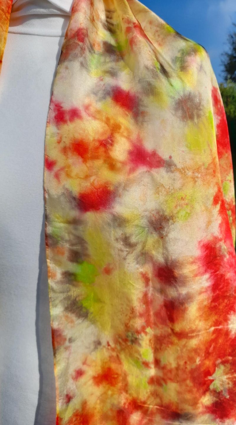 Beautiful Hand Dyed Pure Silk Scarf in vivid Yellow, Reds and a touch of Green. 'Sunburst'
