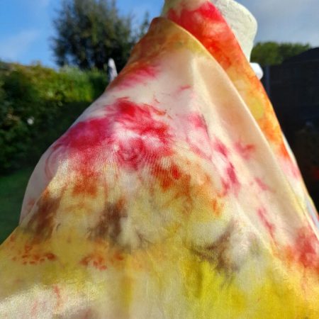 Beautiful Hand Dyed Pure Silk Scarf in vivid Yellow, Reds and a touch of Green. 'Sunburst'
