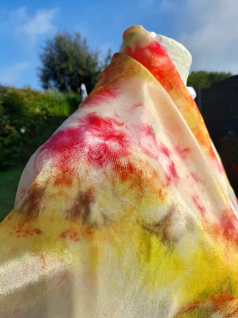 Beautiful Hand Dyed Pure Silk Scarf in vivid Yellow, Reds and a touch of Green. 'Sunburst'