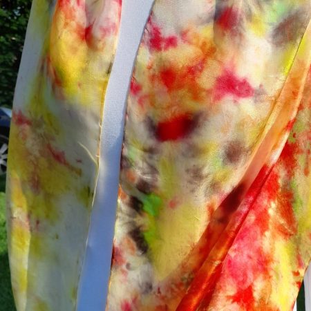 Beautiful Hand Dyed Pure Silk Scarf in vivid Yellow, Reds and a touch of Green. 'Sunburst'