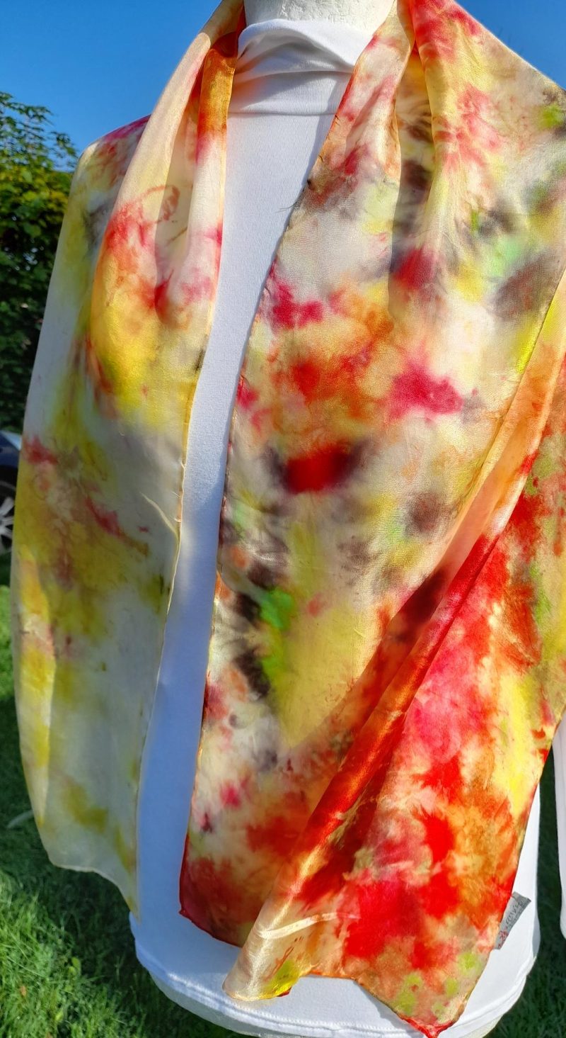 Beautiful Hand Dyed Pure Silk Scarf in vivid Yellow, Reds and a touch of Green. 'Sunburst'