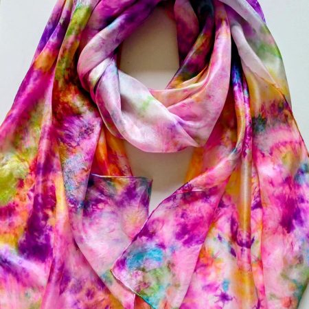 Stunning Hand Dyed Pure Silk Scarf in Pinks, Purples, Green, Turquoise and Lemon 'Flower Garden'