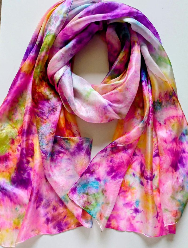 Stunning Hand Dyed Pure Silk Scarf in Pinks, Purples, Green, Turquoise and Lemon 'Flower Garden'