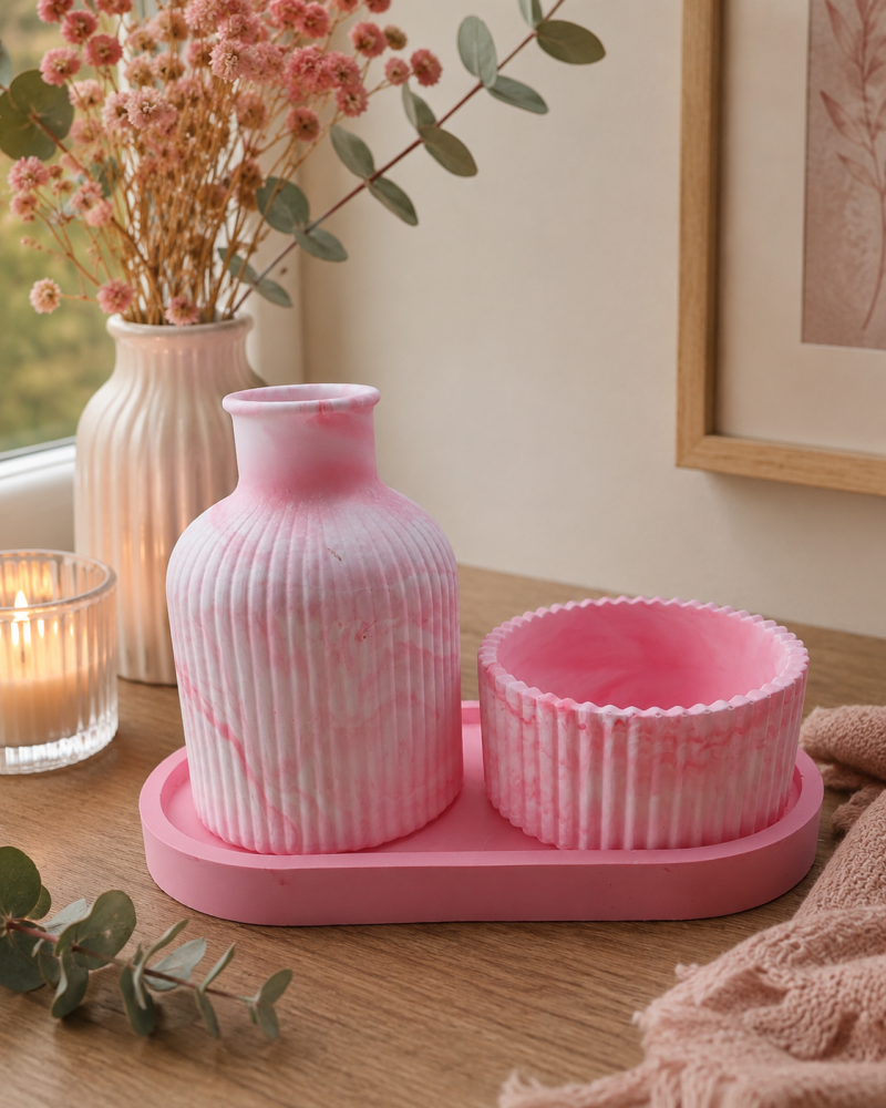A Hand Cast Eco Resin Pretty Bud Vase, Trinket Dish and Small Pot in Pale Pink. A Lovely Housewarming or Birthday Gift. Or Just Because !