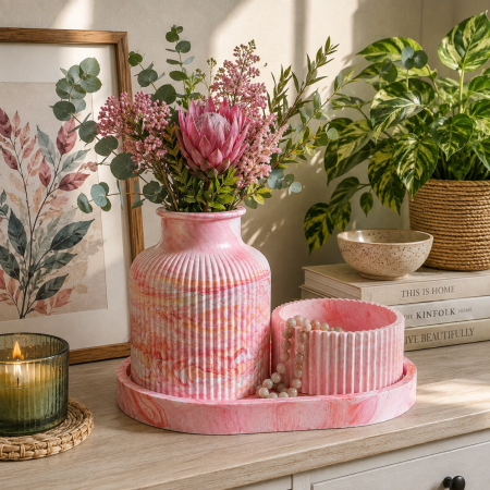 A Very Pretty Hand Cast Eco Resin Bud Vase, Trinket Dish and Small Pot in Pink with Pastel Orange and Lemon Swirls Thoughout. A Lovely Housewarming or Birthday Gift.