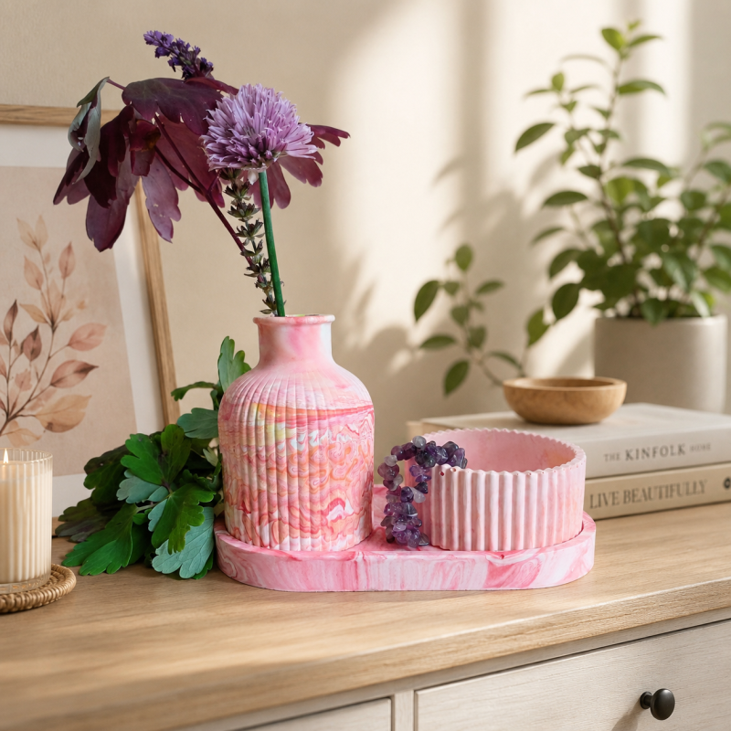 A Very Pretty Hand Cast Eco Resin Bud Vase, Trinket Dish and Small Pot in Pink with Pastel Orange and Lemon Swirls Thoughout. A Lovely Housewarming or Birthday Gift.