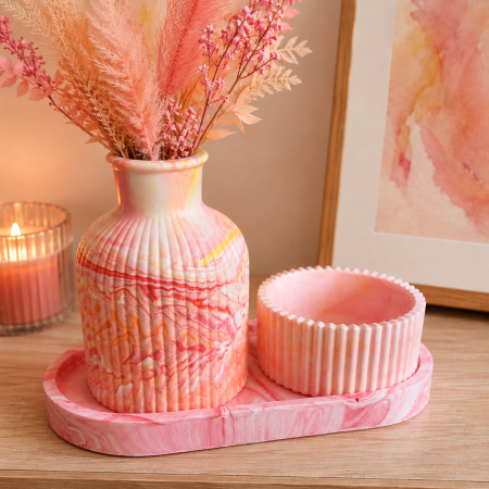 A Very Pretty Hand Cast Eco Resin Bud Vase, Trinket Dish and Small Pot in Pink with Pastel Orange and Lemon Swirls Thoughout. A Lovely Housewarming or Birthday Gift.