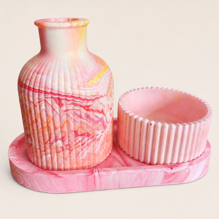 A Very Pretty Hand Cast Eco Resin Bud Vase, Trinket Dish and Small Pot in Pink with Pastel Orange and Lemon Swirls Thoughout. A Lovely Housewarming or Birthday Gift.
