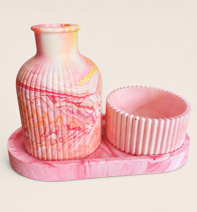 A Very Pretty Hand Cast Eco Resin Bud Vase, Trinket Dish and Small Pot in Pink with Pastel Orange and Lemon Swirls Thoughout. A Lovely Housewarming or Birthday Gift.