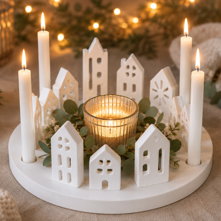 Scandi Nordic Style Eco Resin Christmas Village Scene. Fantastic for a Christmas Table Centrepiece or in your Christmas Window display.