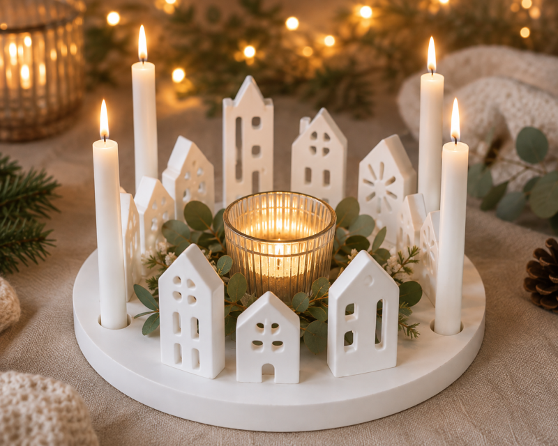 Scandi Nordic Style Eco Resin Christmas Village Scene. Fantastic for a Christmas Table Centrepiece or in your Christmas Window display.