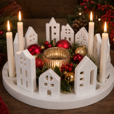 Scandi Nordic Style Eco Resin Christmas Village Scene. Fantastic for a Christmas Table Centrepiece or in your Christmas Window display.