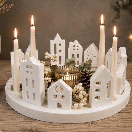 Scandi Nordic Style Eco Resin Christmas Village Scene. Fantastic for a Christmas Table Centrepiece or in your Christmas Window display.