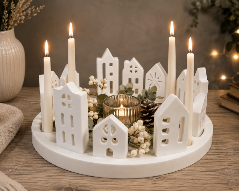 Scandi Nordic Style Eco Resin Christmas Village Scene. Fantastic for a Christmas Table Centrepiece or in your Christmas Window display.