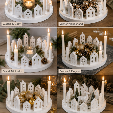 Scandi Nordic Style Eco Resin Christmas Village Scene. Fantastic for a Christmas Table Centrepiece or in your Christmas Window display.