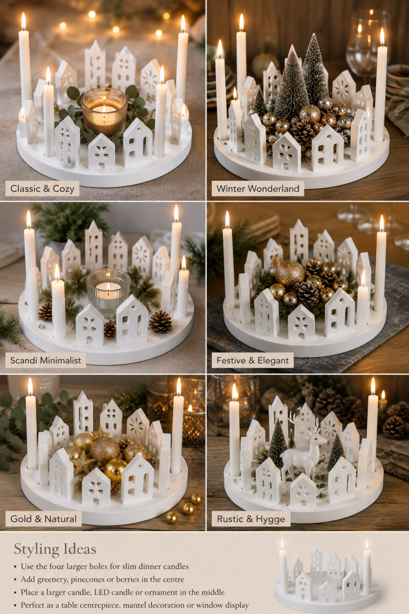 Scandi Nordic Style Eco Resin Christmas Village Scene. Fantastic for a Christmas Table Centrepiece or in your Christmas Window display.