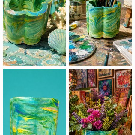 A Very Groovy 70 's Inspired Eco Resin Flower Shaped Pot in Sea Shades of Turquoise.. Use To Store Makeup Brushes, Artists Brushes, Artificial Flowers and Foliage, Or As A Candle Holder.