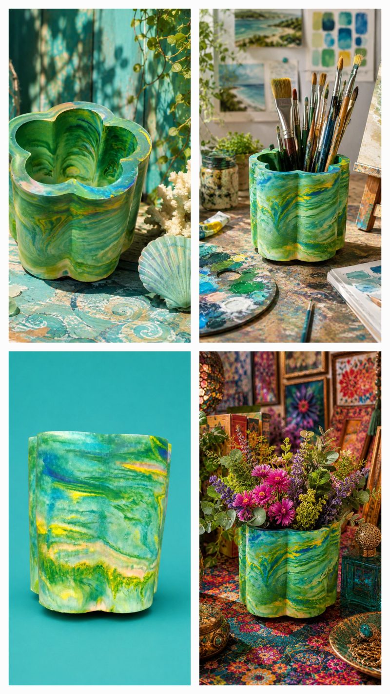 A Very Groovy 70 's Inspired Eco Resin Flower Shaped Pot in Sea Shades of Turquoise.. Use To Store Makeup Brushes, Artists Brushes, Artificial Flowers and Foliage, Or As A Candle Holder.