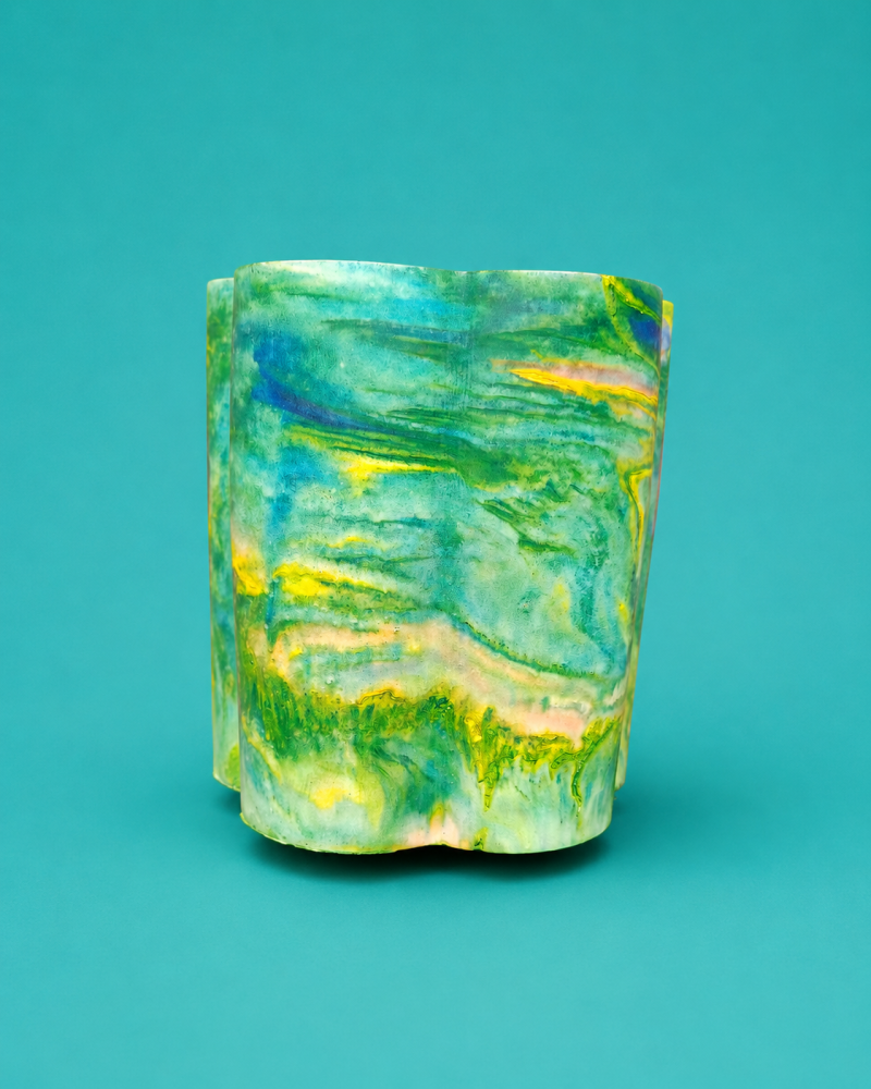 A Very Groovy 70 's Inspired Eco Resin Flower Shaped Pot in Sea Shades of Turquoise.. Use To Store Makeup Brushes, Artists Brushes, Artificial Flowers and Foliage, Or As A Candle Holder.