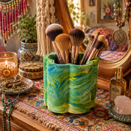 A Very Groovy 70 's Inspired Eco Resin Flower Shaped Pot in Sea Shades of Turquoise.. Use To Store Makeup Brushes, Artists Brushes, Artificial Flowers and Foliage, Or As A Candle Holder.