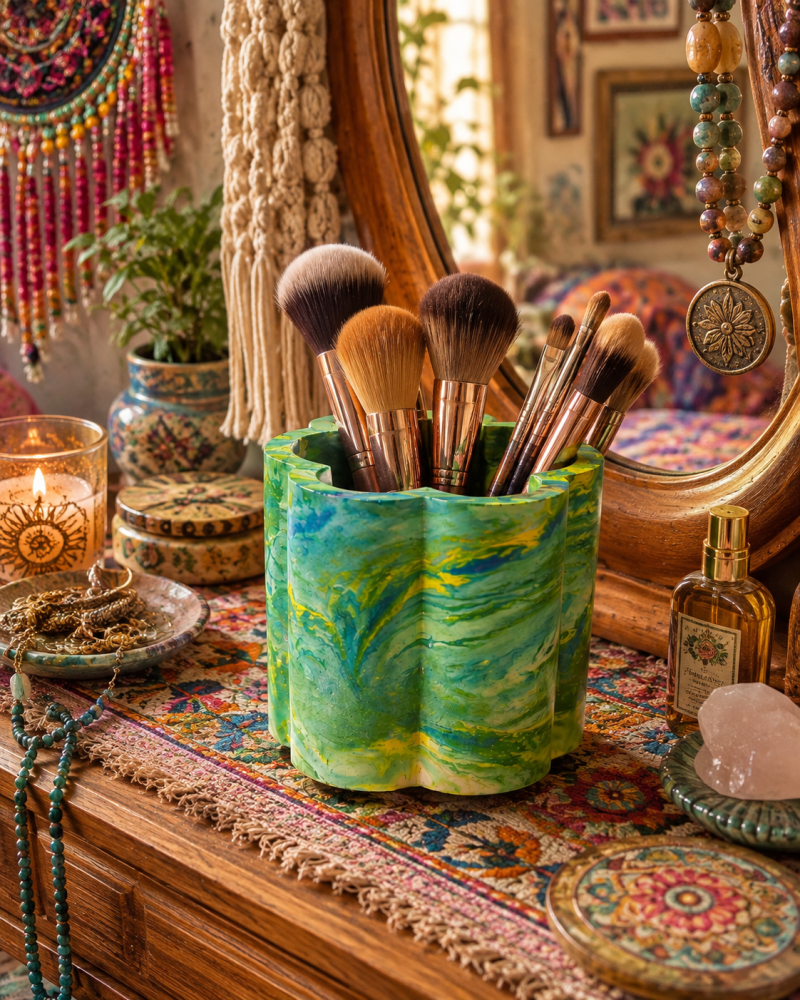 A Very Groovy 70 's Inspired Eco Resin Flower Shaped Pot in Sea Shades of Turquoise.. Use To Store Makeup Brushes, Artists Brushes, Artificial Flowers and Foliage, Or As A Candle Holder.