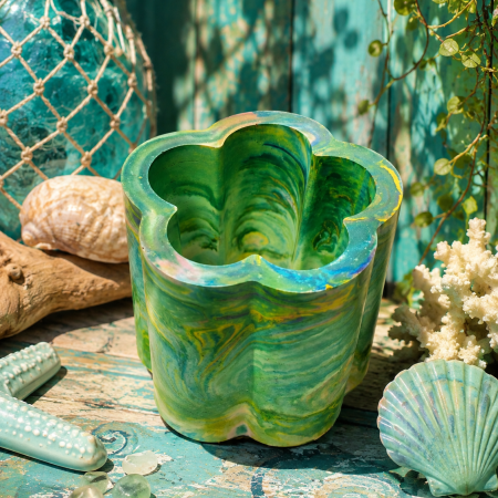 A Very Groovy 70 's Inspired Eco Resin Flower Shaped Pot in Sea Shades of Turquoise.. Use To Store Makeup Brushes, Artists Brushes, Artificial Flowers and Foliage, Or As A Candle Holder.
