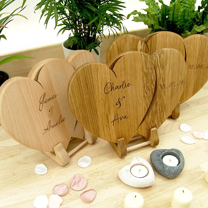 Hearts Personalised Chopping Board Wedding Gift - Oak Beech Engraved
