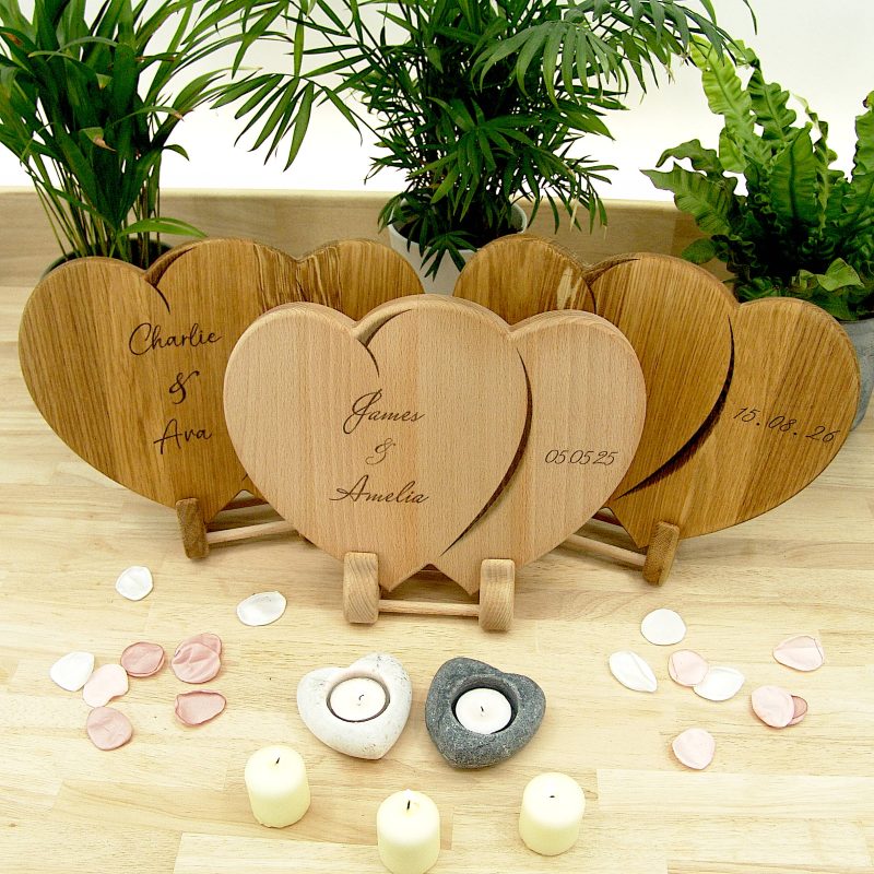 Hearts Personalised Chopping Board Wedding Gift - Oak Beech Engraved
