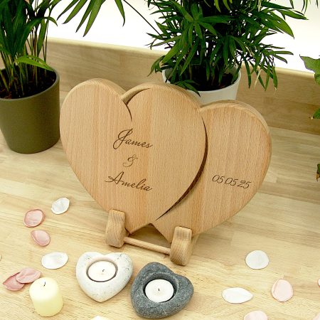 Hearts Personalised Chopping Board Wedding Gift - Oak Beech Engraved