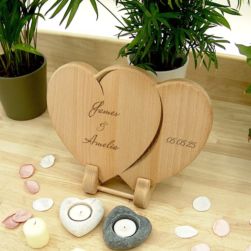 Hearts Personalised Chopping Board Wedding Gift - Oak Beech Engraved