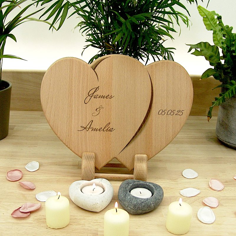 Hearts Personalised Chopping Board Wedding Gift - Oak Beech Engraved