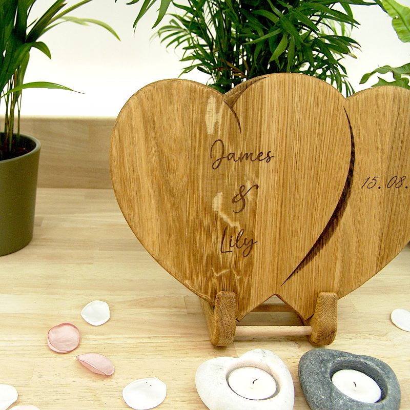 Hearts Personalised Chopping Board Wedding Gift - Oak Beech Engraved