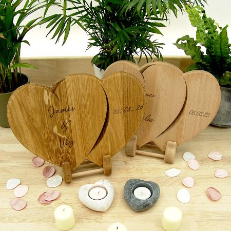 Hearts Personalised Chopping Board Wedding Gift - Oak Beech Engraved
