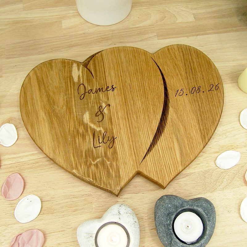 Hearts Personalised Chopping Board Wedding Gift - Oak Beech Engraved