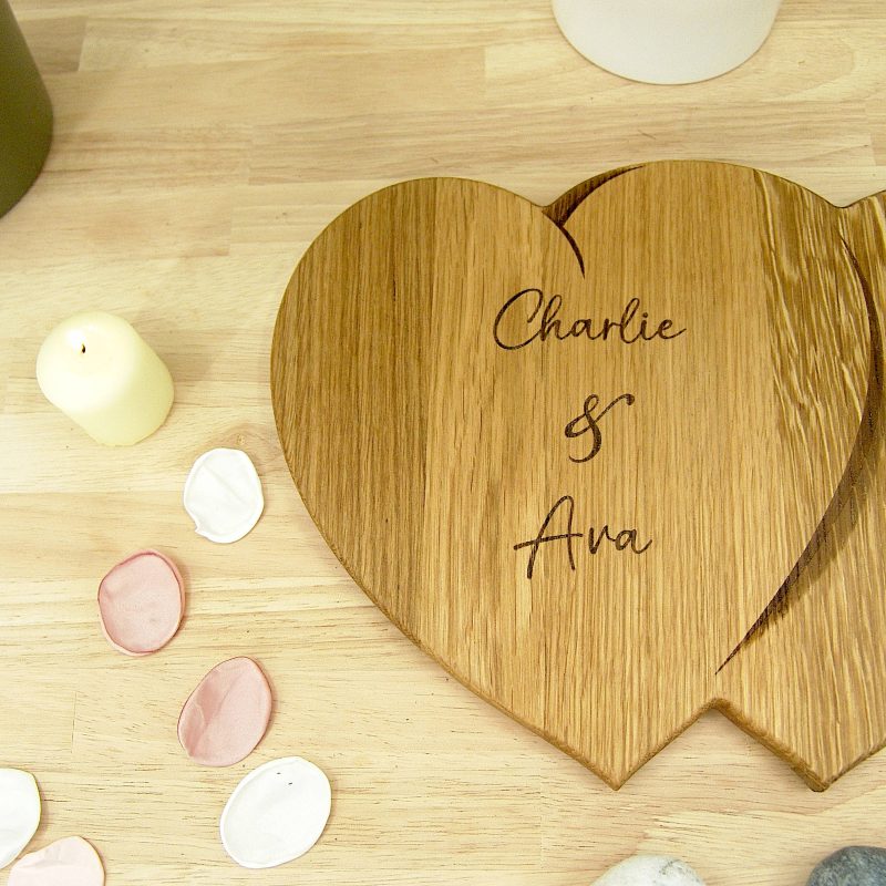 Hearts Personalised Chopping Board Wedding Gift - Oak Beech Engraved