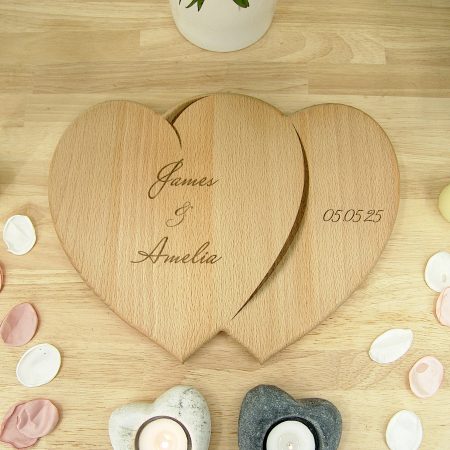 Hearts Personalised Chopping Board Wedding Gift - Oak Beech Engraved