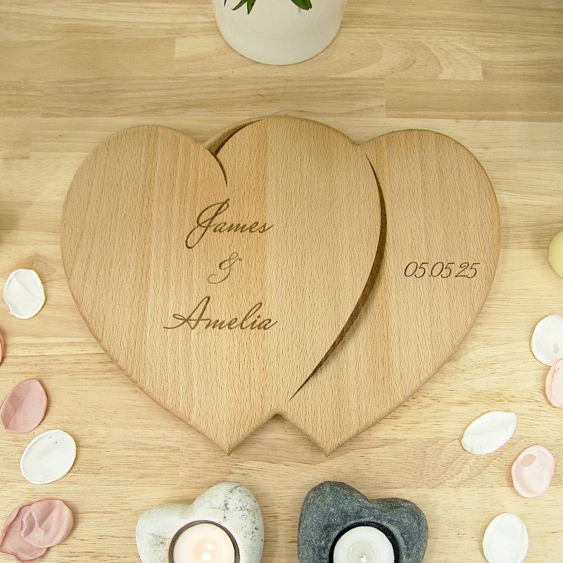 Hearts Personalised Chopping Board Wedding Gift - Oak Beech Engraved