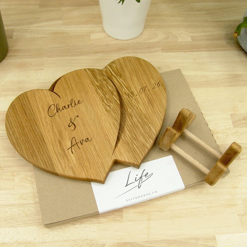 Hearts Personalised Chopping Board Wedding Gift - Oak Beech Engraved