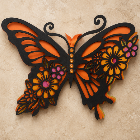 An Absolutely Stunning Layered Butterfly In Black, Orange, Pink, Green And Yellow. Beautiful To Hang On A Wall Or Display On An Easel.