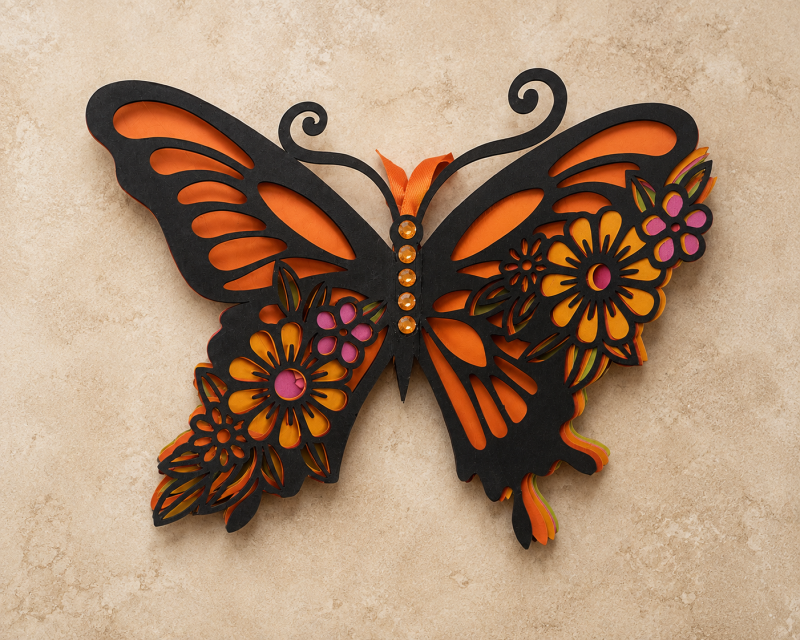 An Absolutely Stunning Layered Butterfly In Black, Orange, Pink, Green And Yellow. Beautiful To Hang On A Wall Or Display On An Easel.