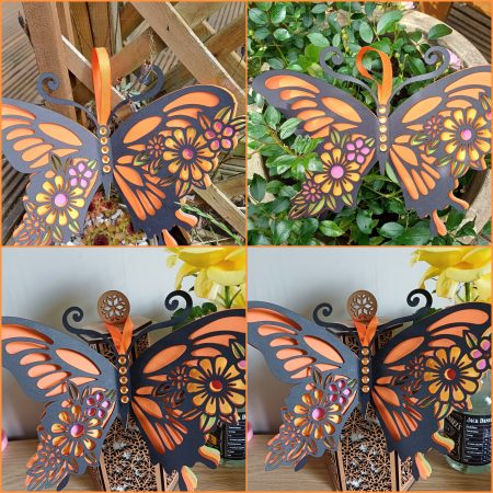An Absolutely Stunning Layered Butterfly In Black, Orange, Pink, Green And Yellow. Beautiful To Hang On A Wall Or Display On An Easel.