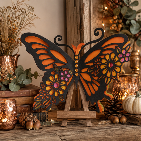 An Absolutely Stunning Layered Butterfly In Black, Orange, Pink, Green And Yellow. Beautiful To Hang On A Wall Or Display On An Easel.