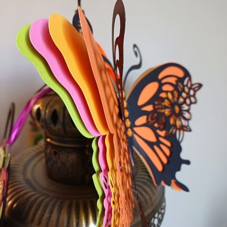 An Absolutely Stunning Layered Butterfly In Black, Orange, Pink, Green And Yellow. Beautiful To Hang On A Wall Or Display On An Easel.
