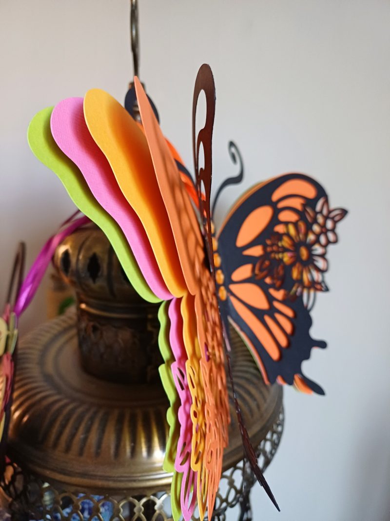 An Absolutely Stunning Layered Butterfly In Black, Orange, Pink, Green And Yellow. Beautiful To Hang On A Wall Or Display On An Easel.