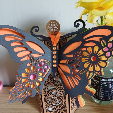 An Absolutely Stunning Layered Butterfly In Black, Orange, Pink, Green And Yellow. Beautiful To Hang On A Wall Or Display On An Easel.