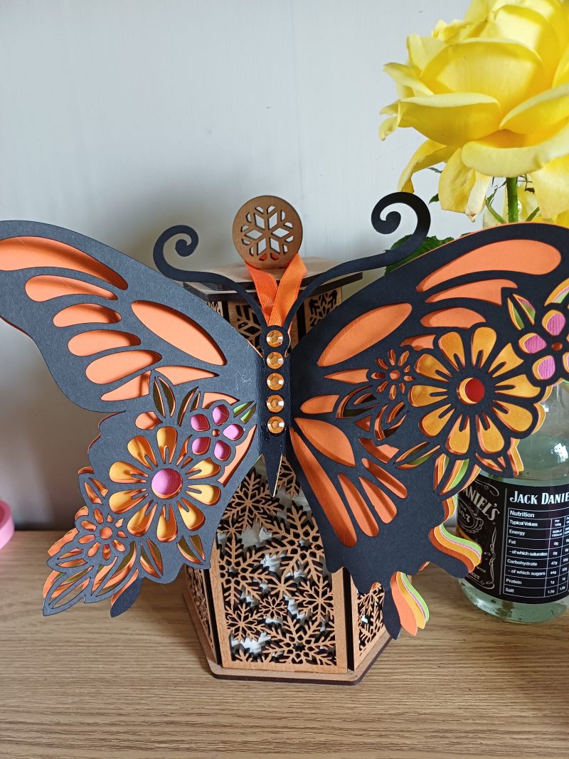 An Absolutely Stunning Layered Butterfly In Black, Orange, Pink, Green And Yellow. Beautiful To Hang On A Wall Or Display On An Easel.