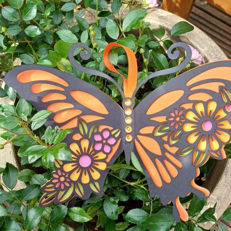 An Absolutely Stunning Layered Butterfly In Black, Orange, Pink, Green And Yellow. Beautiful To Hang On A Wall Or Display On An Easel.