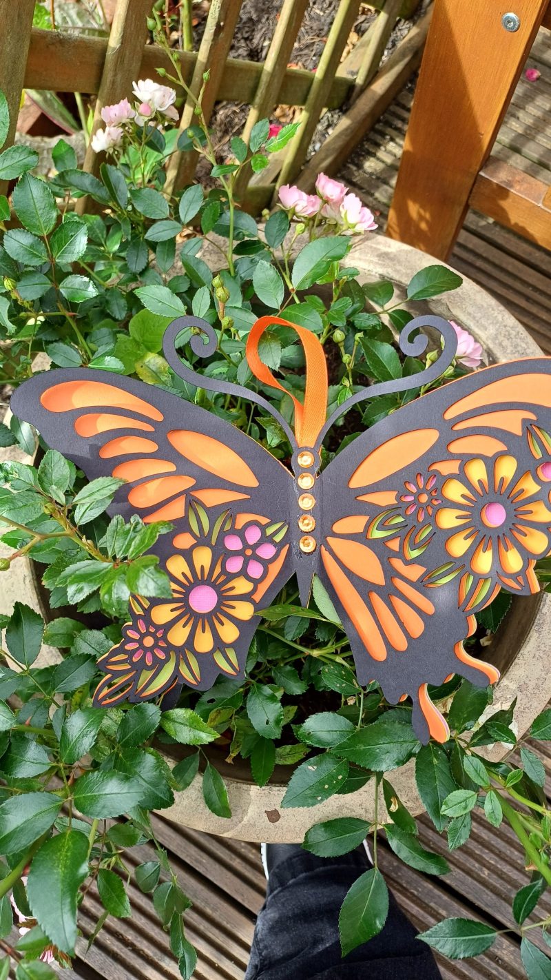 An Absolutely Stunning Layered Butterfly In Black, Orange, Pink, Green And Yellow. Beautiful To Hang On A Wall Or Display On An Easel.