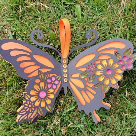 An Absolutely Stunning Layered Butterfly In Black, Orange, Pink, Green And Yellow. Beautiful To Hang On A Wall Or Display On An Easel.